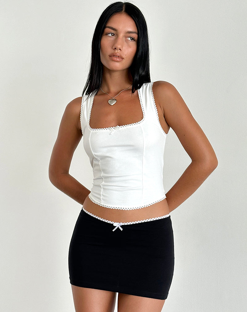 Vadia Mini Skirt in Black with White Picot Trim and Bow-Nico Sky