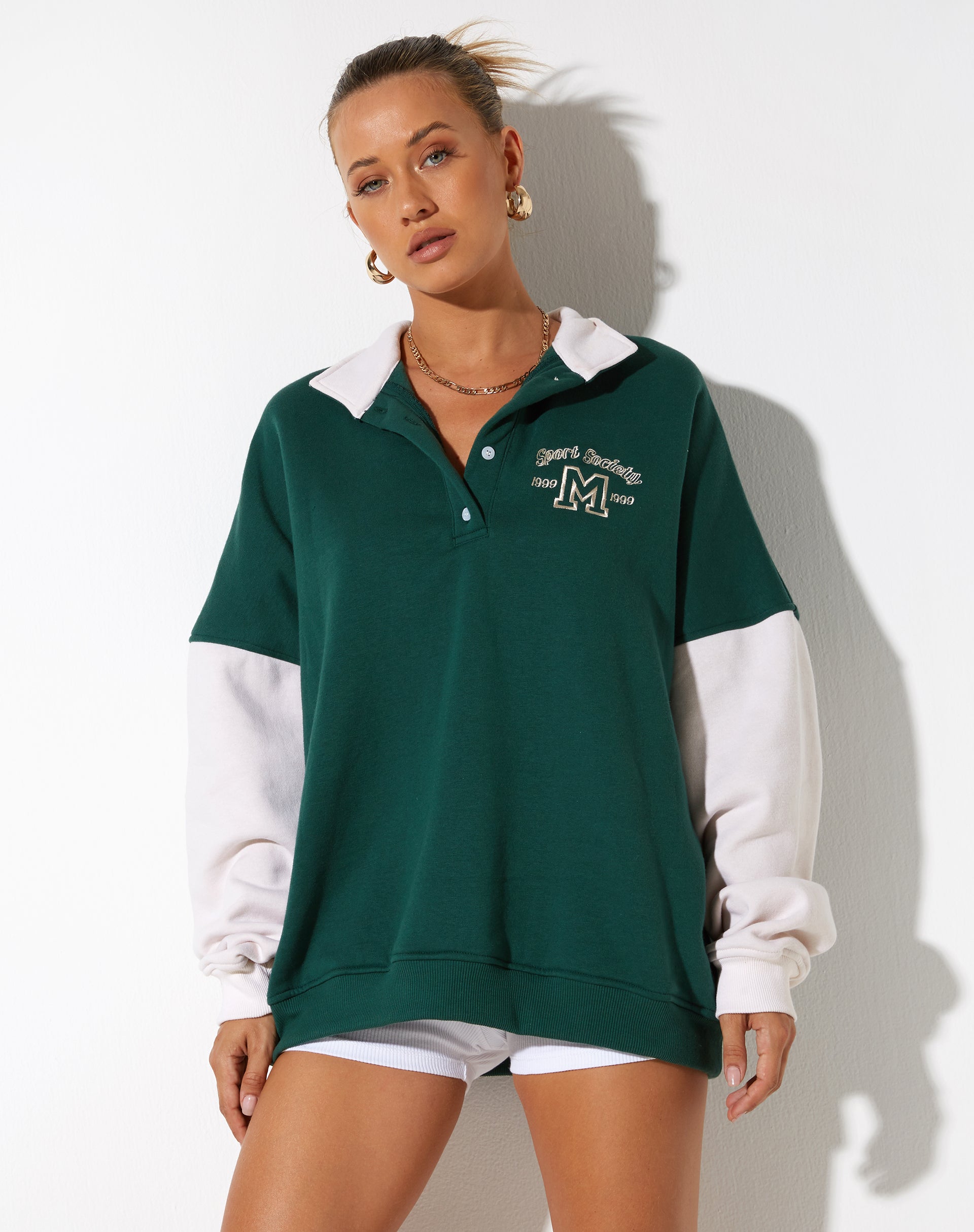 Varsity Oversized Jumper in Forest Green Winter White Sport Society-Nico Sky
