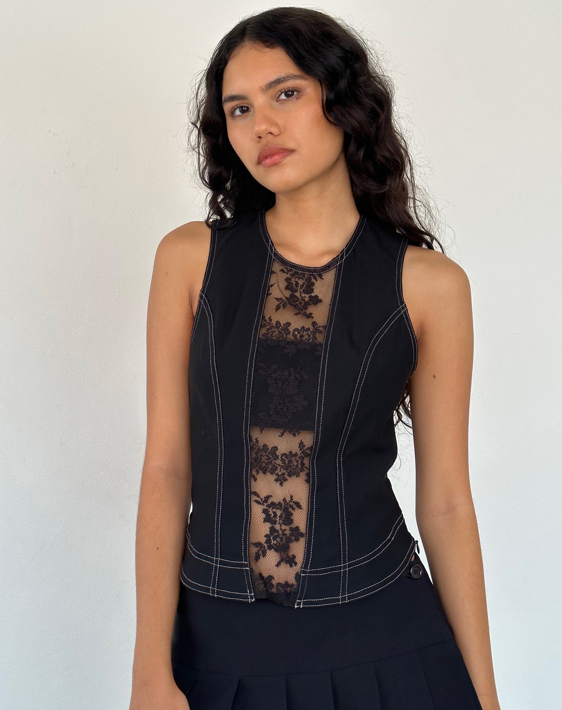 Verbena Lace Panel Top in Black Tailoring-Nico Sky