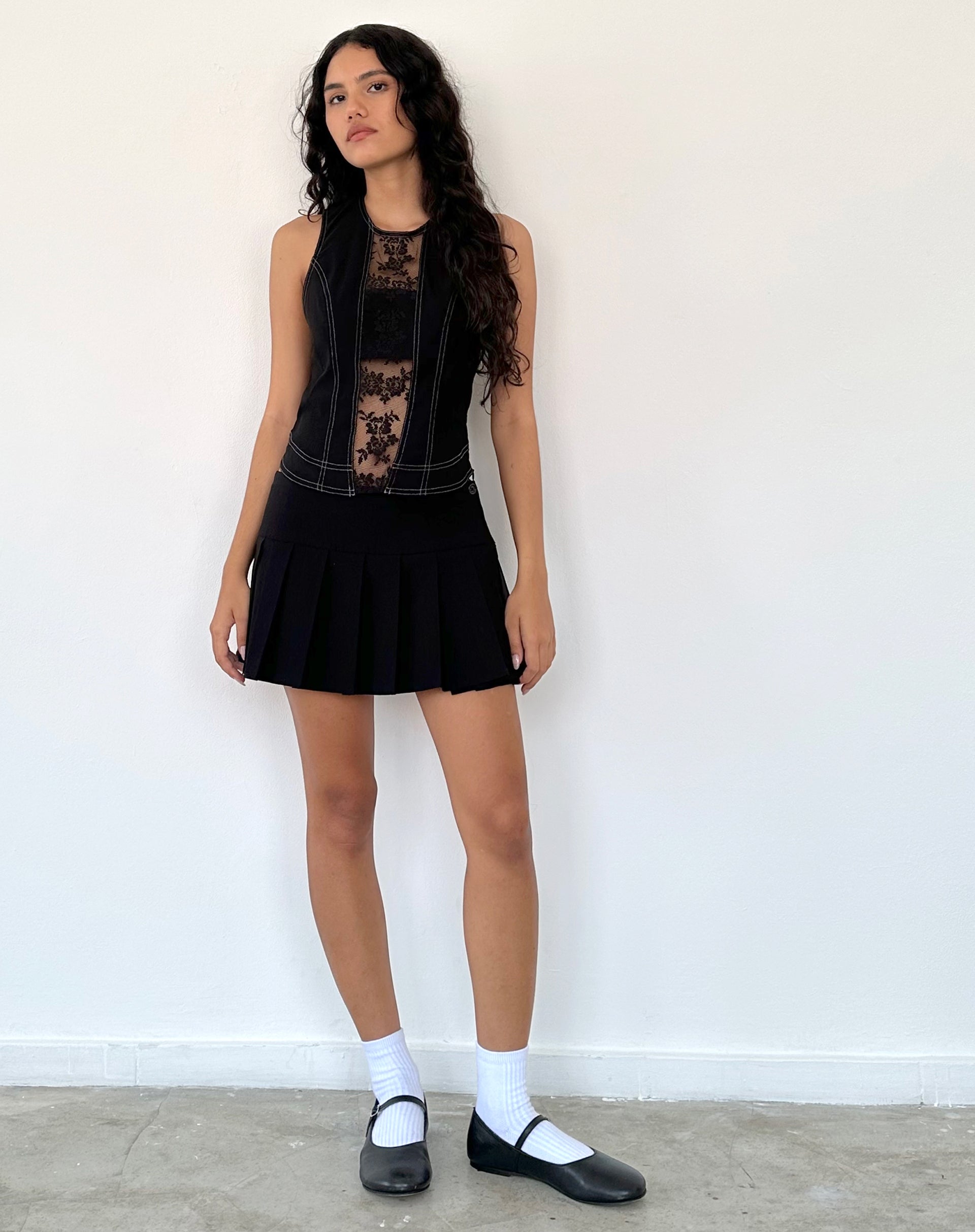 Verbena Lace Panel Top in Black Tailoring-Nico Sky