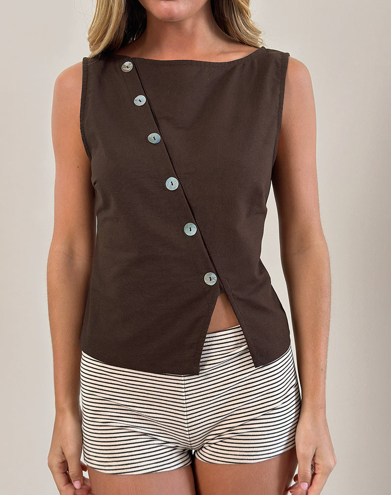 Vonne Asymmetric Button Top in Chocolate Brown-Nico Sky