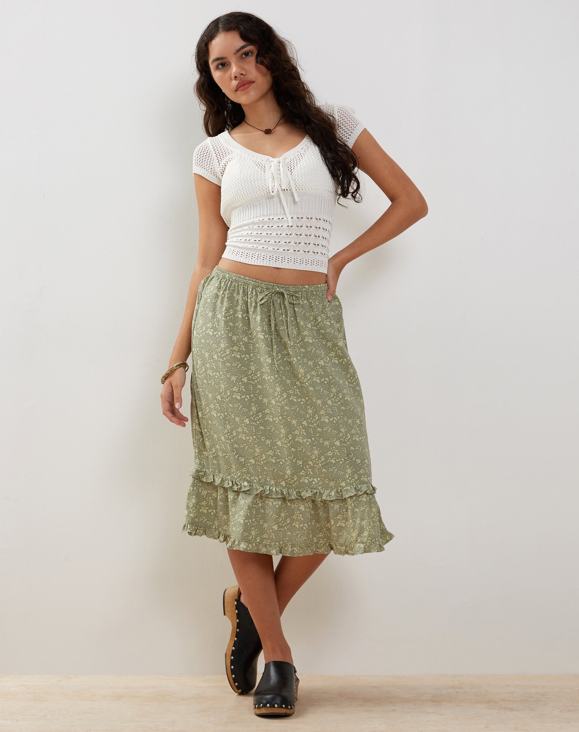 Wala Midi Skirt in Ditsy Floral Green-Nico Sky