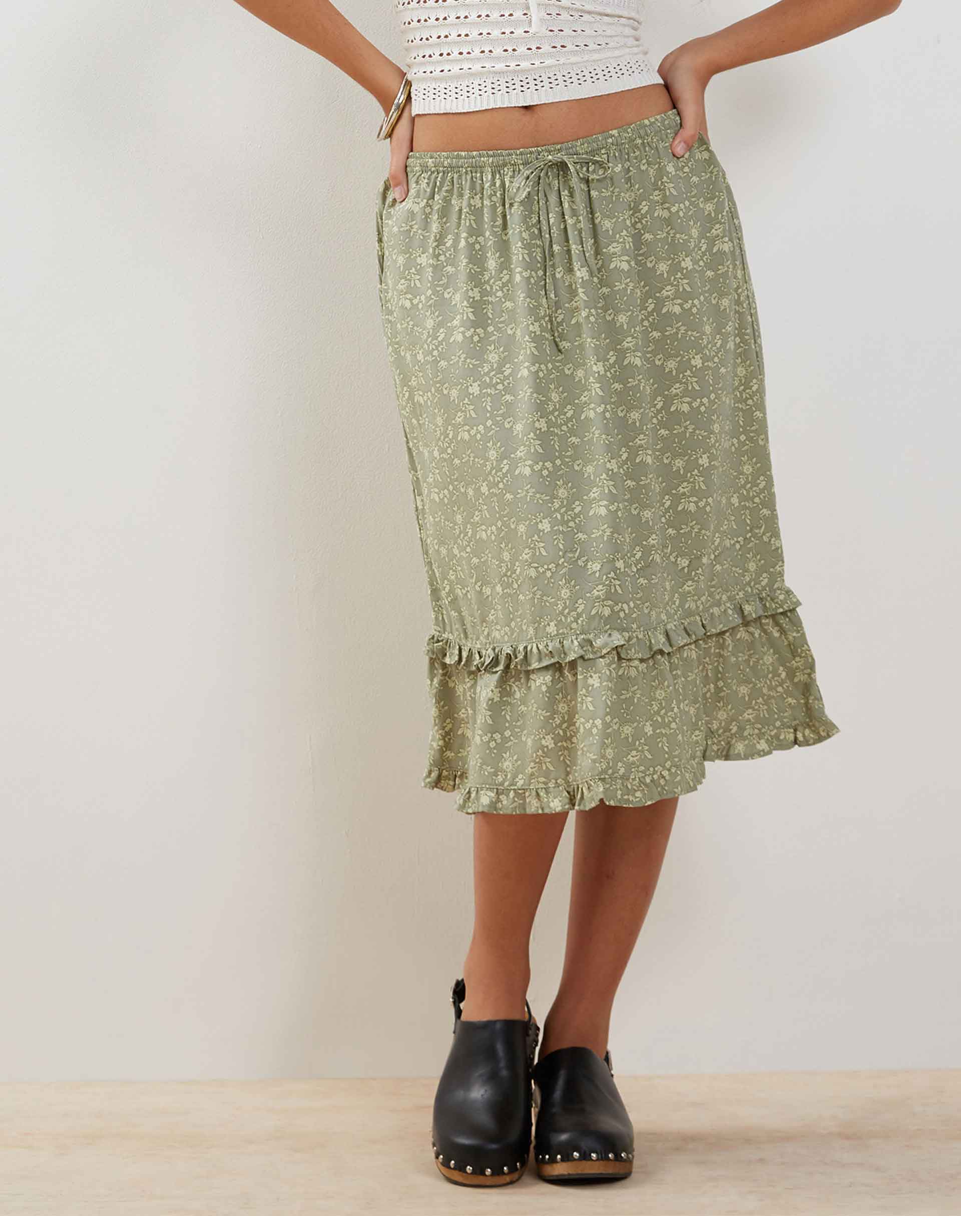 Wala Midi Skirt in Ditsy Floral Green-Nico Sky