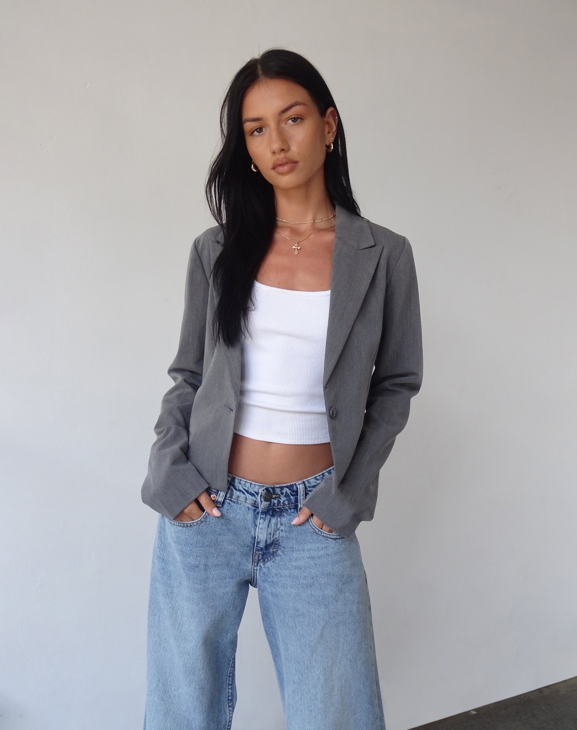 Walid Cropped Blazer in Tailoring Charcoal-Nico Sky