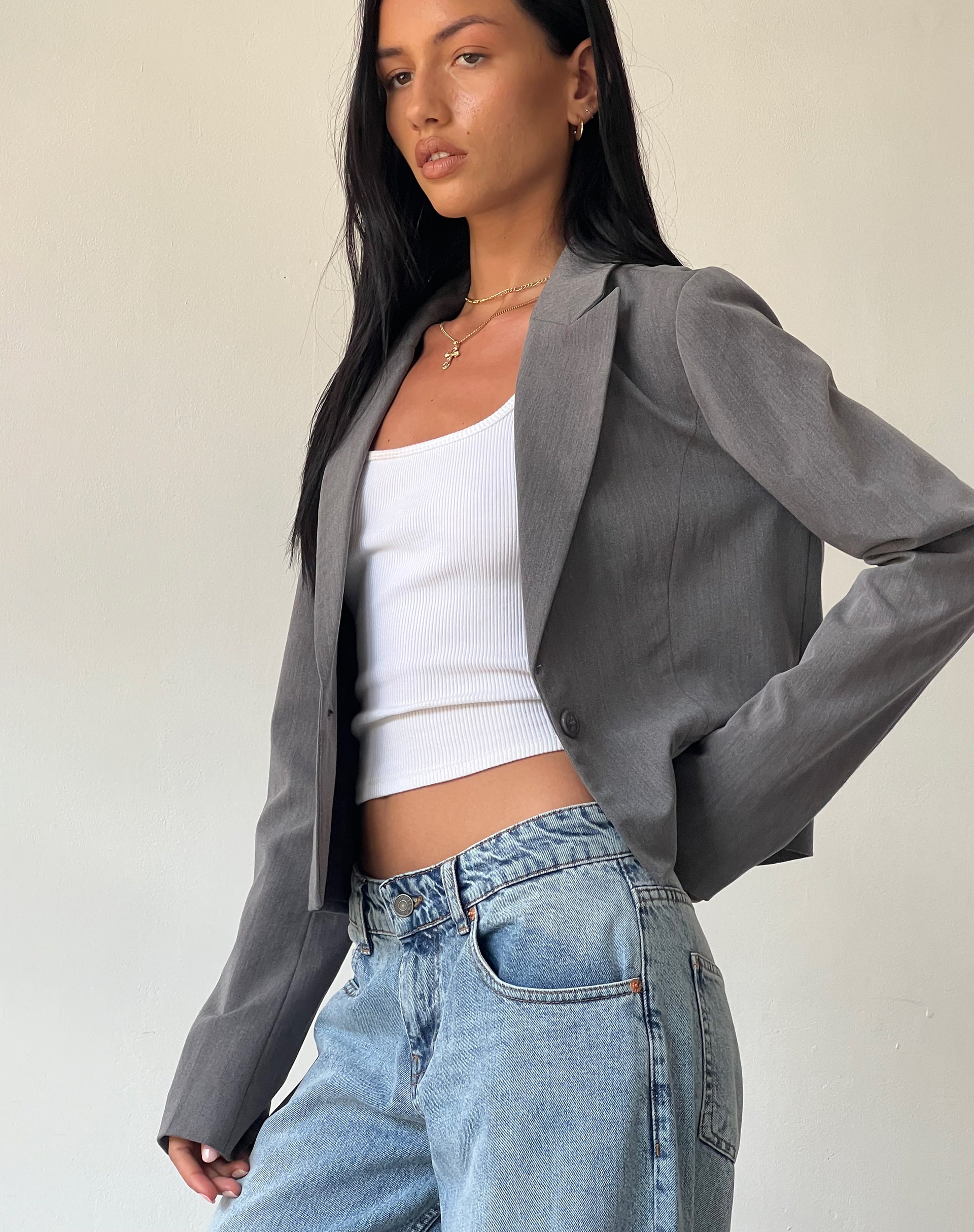 Walid Cropped Blazer in Tailoring Charcoal-Nico Sky
