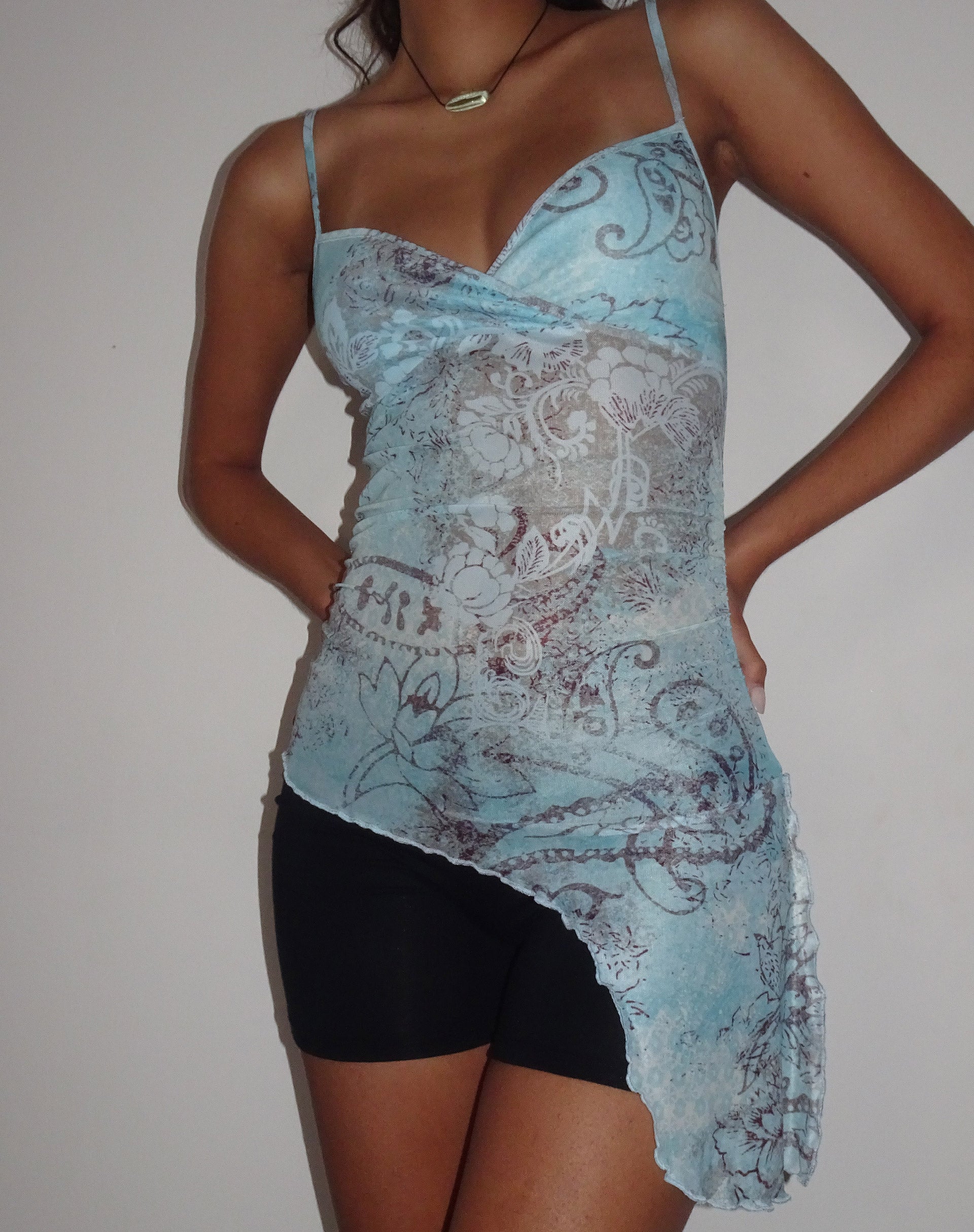 Warica Asymmetric Cami Top in Blue Paisley Abstract Rustic-Nico Sky