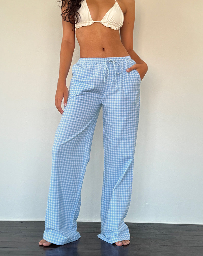 Wasic Wide Leg Linen Trouser in Blue Gingham-Nico Sky
