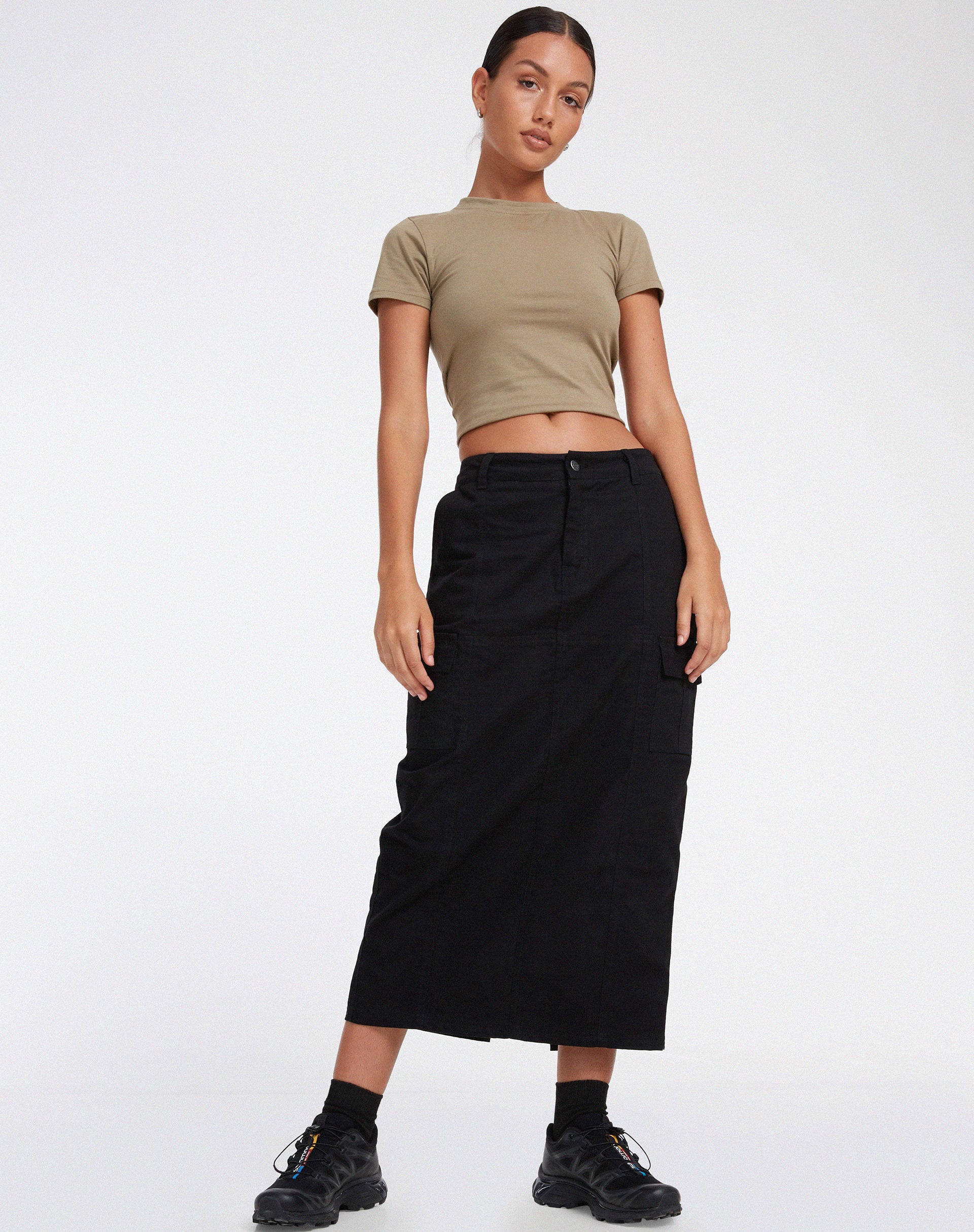 Widya Cargo Midi Skirt in Panama Black-Nico Sky