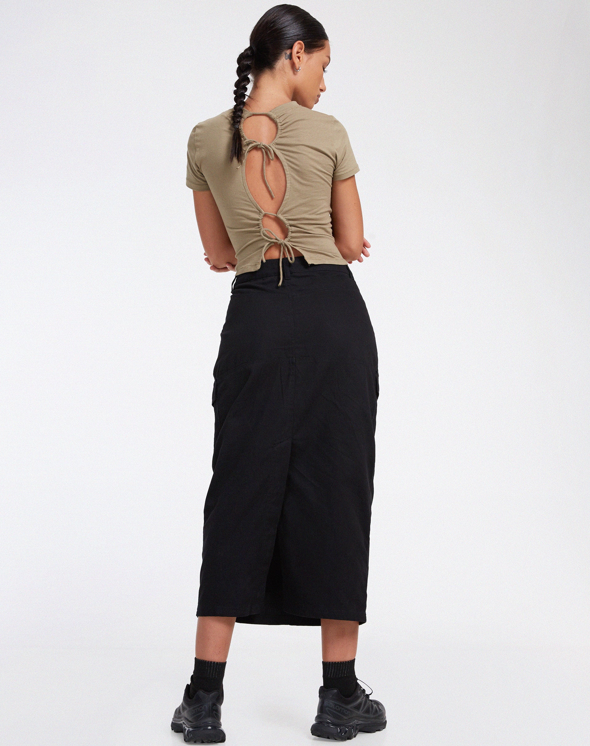 Widya Cargo Midi Skirt in Panama Black-Nico Sky