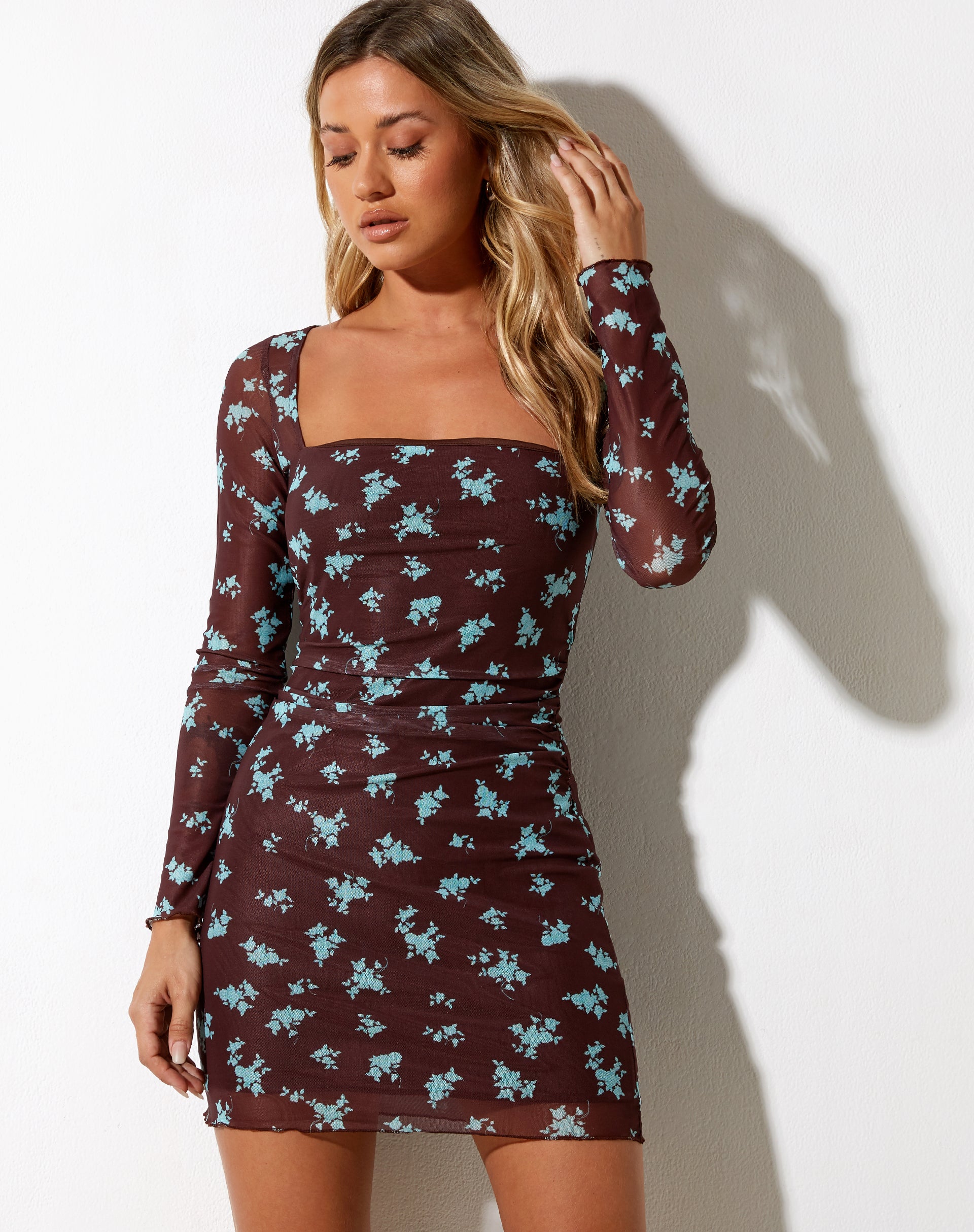 Wilem Mini Dress Femme Floral Blue and Brown-Nico Sky