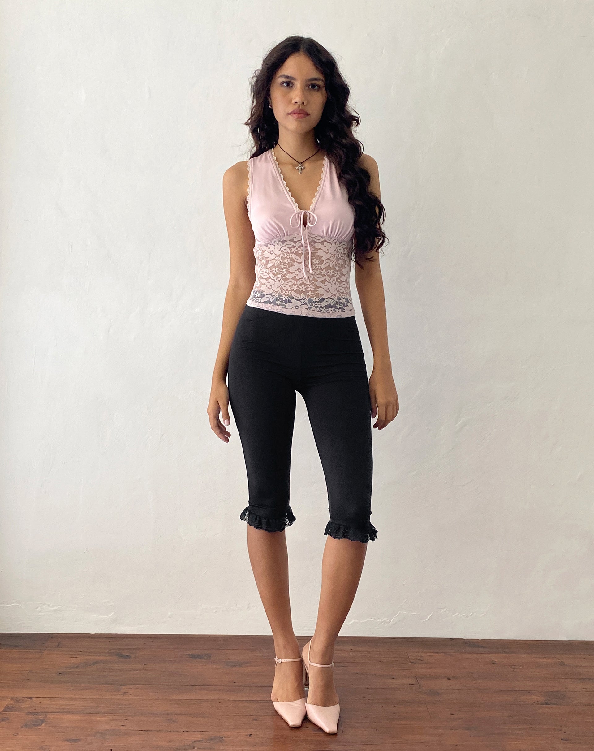Annika Lace Frill Capri Trouser in Black-Nico Sky