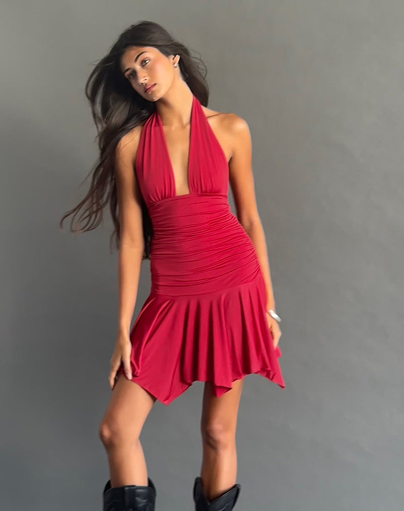 Winslet Plunge Mini Dress in Slinky Red-Nico Sky