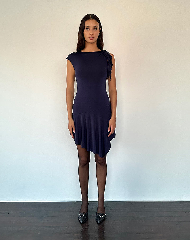 Winslow Asymmetric Frill Mini Dress in Navy-Nico Sky