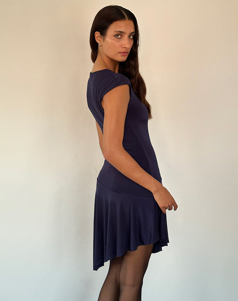 Winslow Asymmetric Frill Mini Dress in Navy-Nico Sky