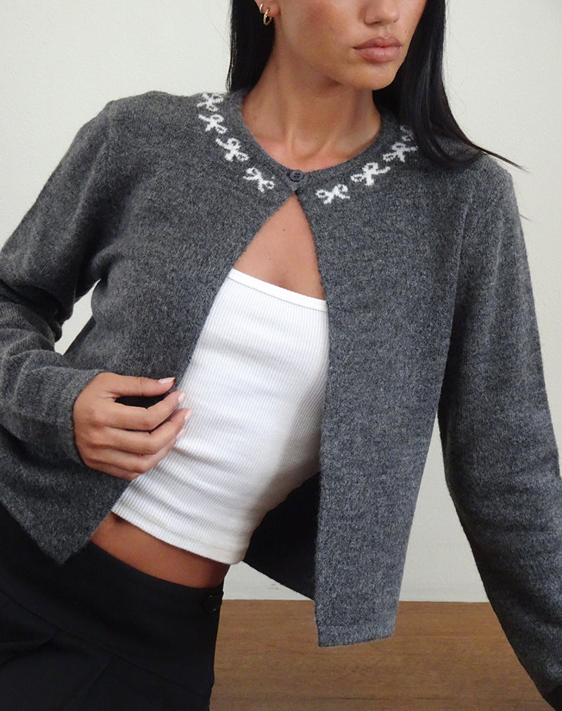 Wunara Cardigan in Grey with Ivory Bows-Nico Sky
