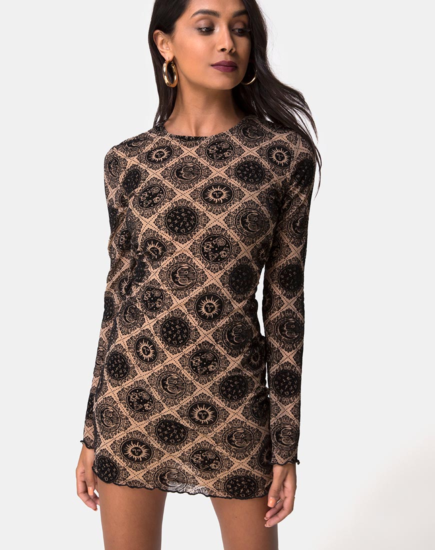 Wyanna Dress in Taupe Net with Black Sign Flock-Nico Sky