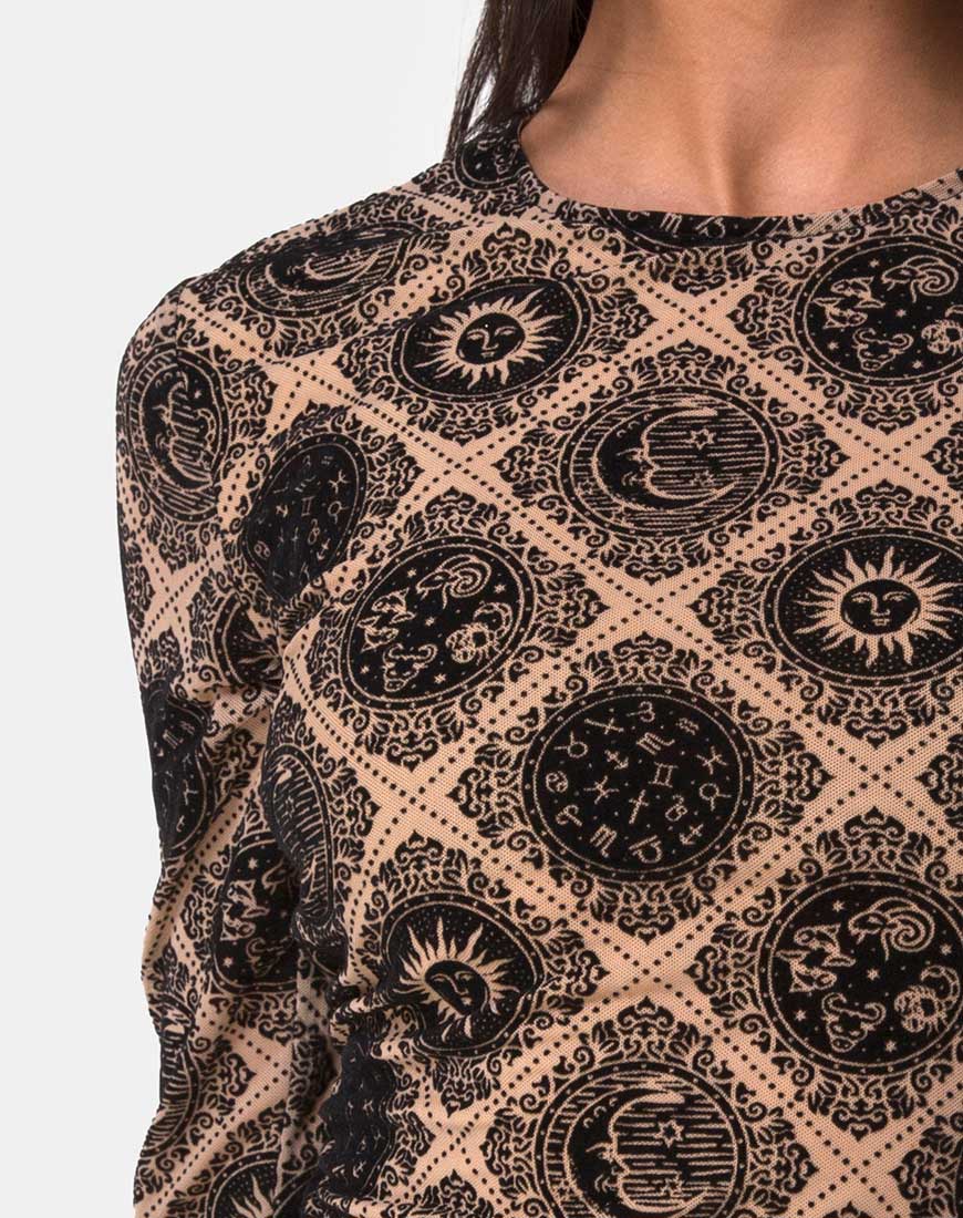 Wyanna Dress in Taupe Net with Black Sign Flock-Nico Sky