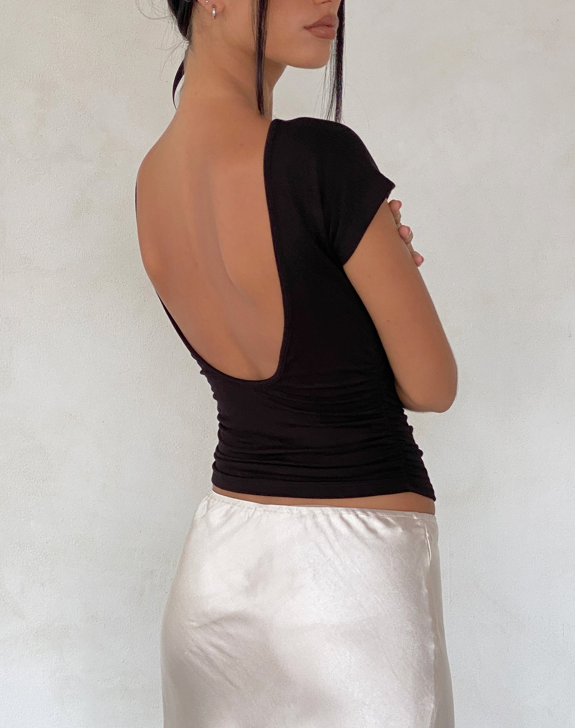Xareni Ruched Backless Top in Black-Nico Sky