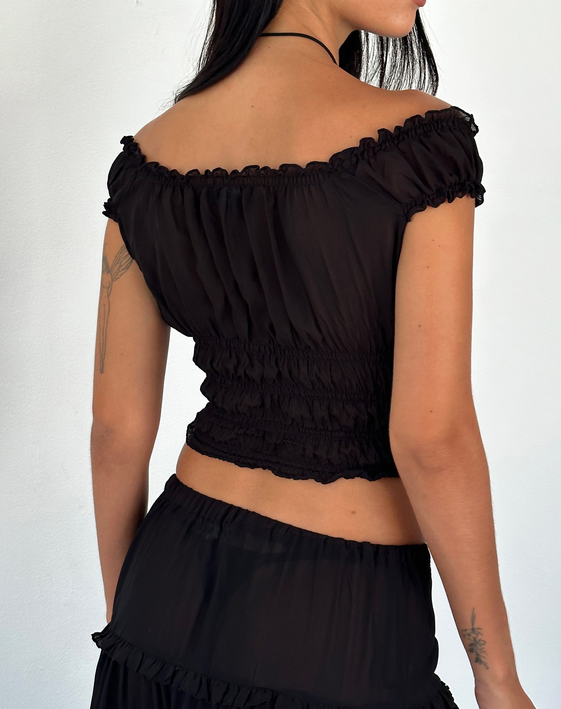 Xavi Shirred Bardot Top in Chiffon Black-Nico Sky