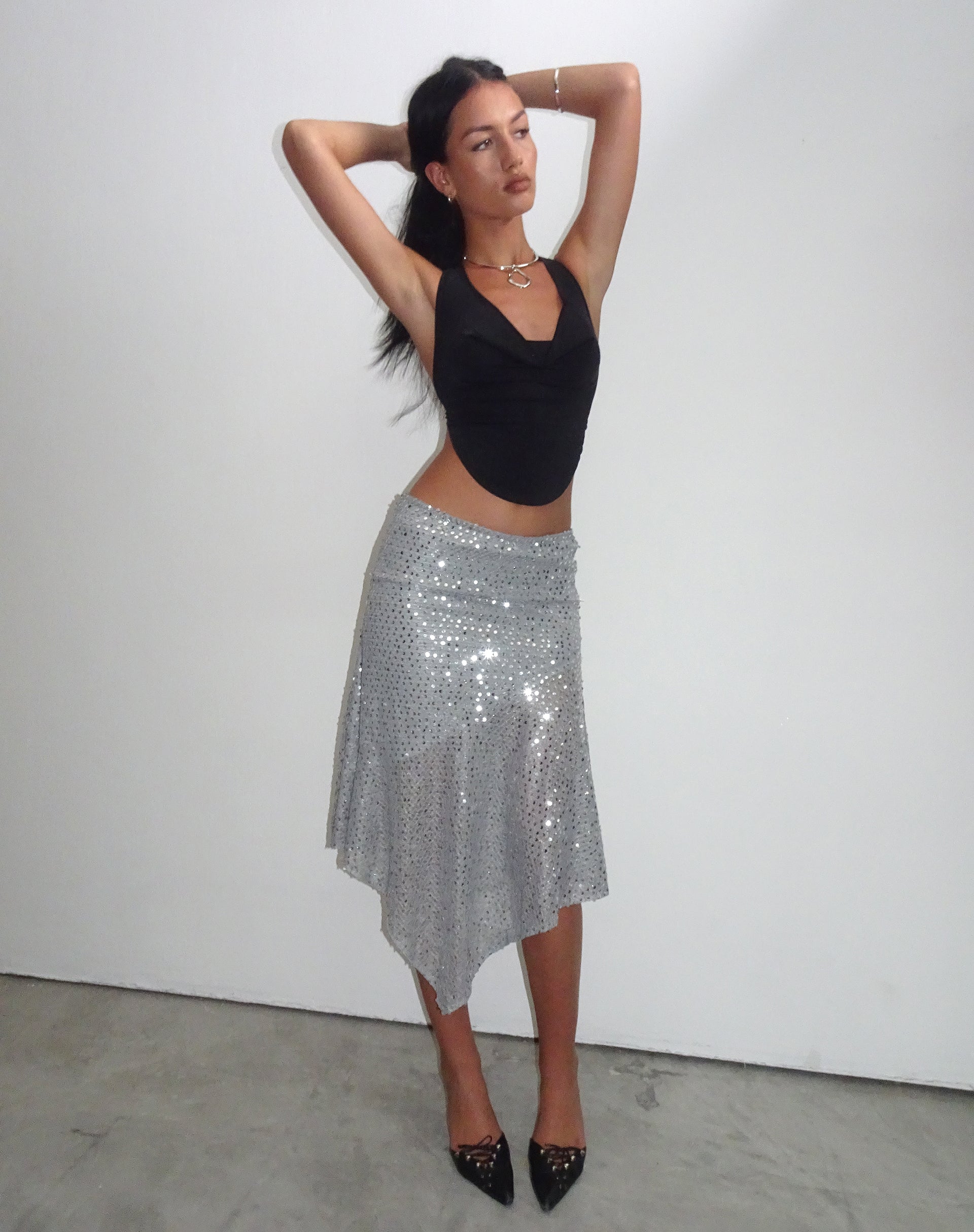 Carita Midi Skirt in Sequin Knit Silver-Nico Sky