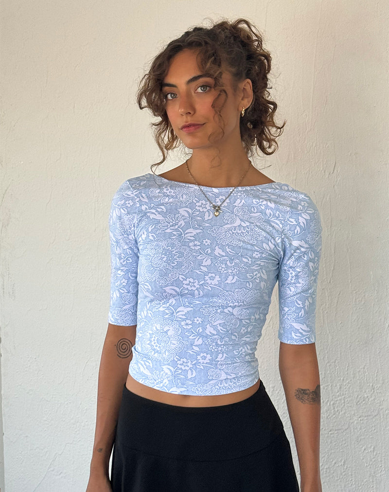 Xiwani Top in White Ornate Print Lycra-Nico Sky
