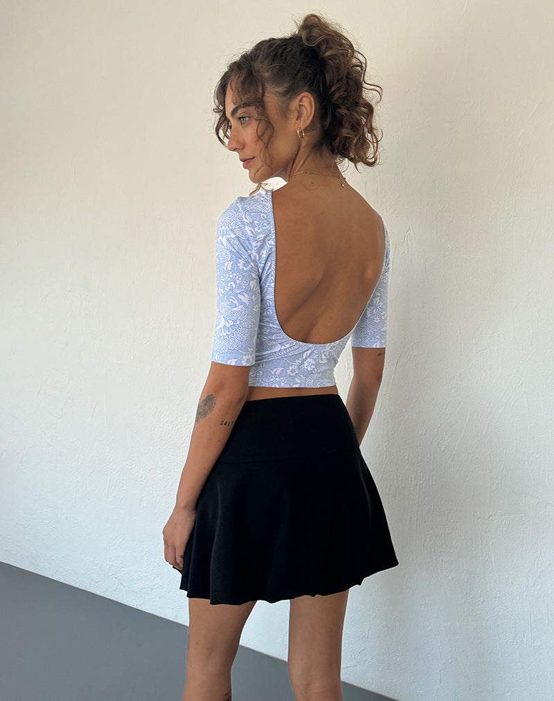 Xiwani Top in White Ornate Print Lycra-Nico Sky