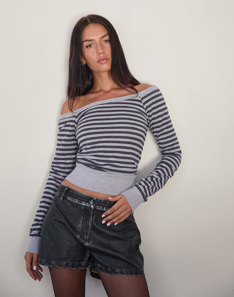 Yacin Slouchy Top in Grey and Black Stripe-Nico Sky