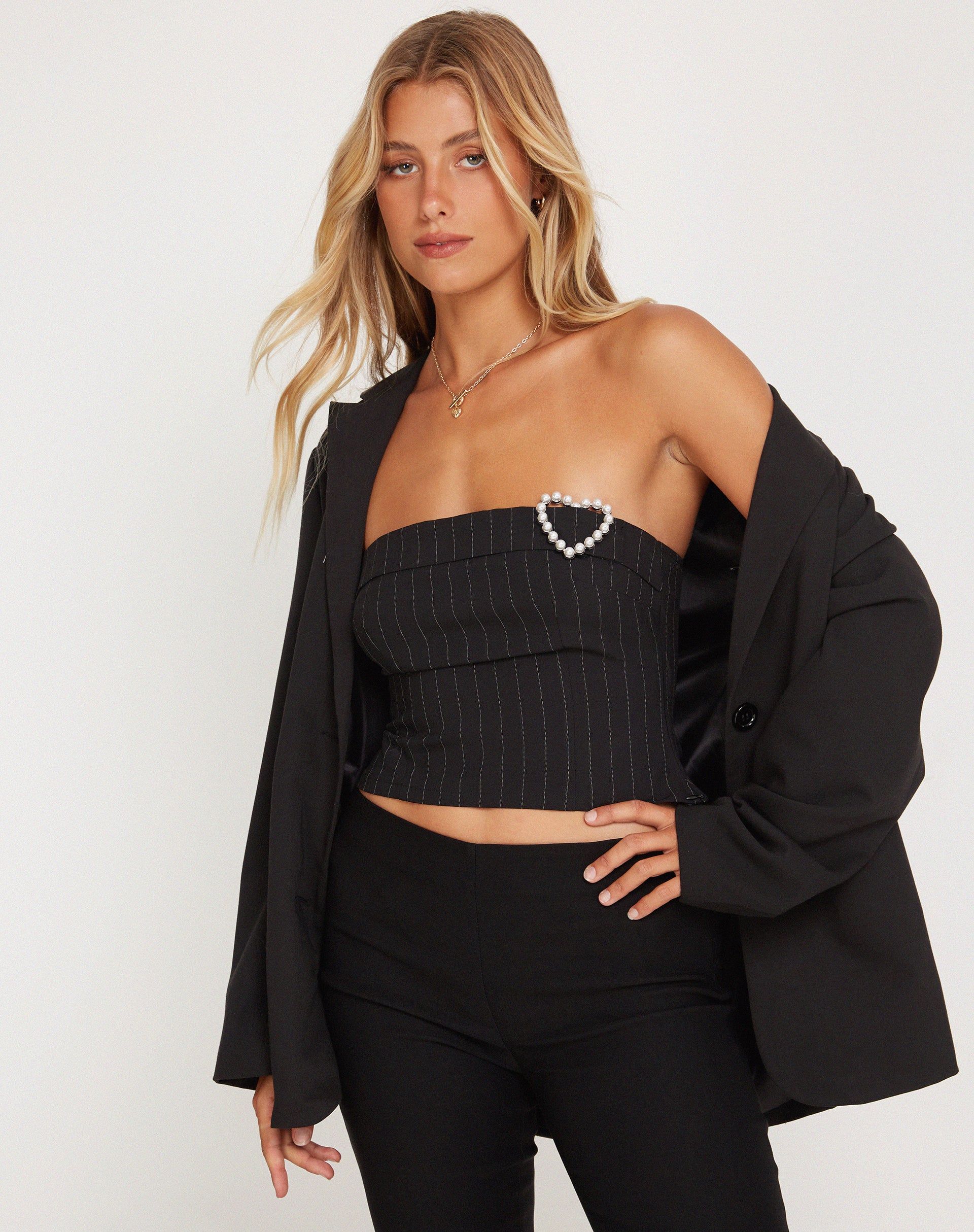 Yafira Bardot Top in Black Pinstripe with Heart Buckle-Nico Sky