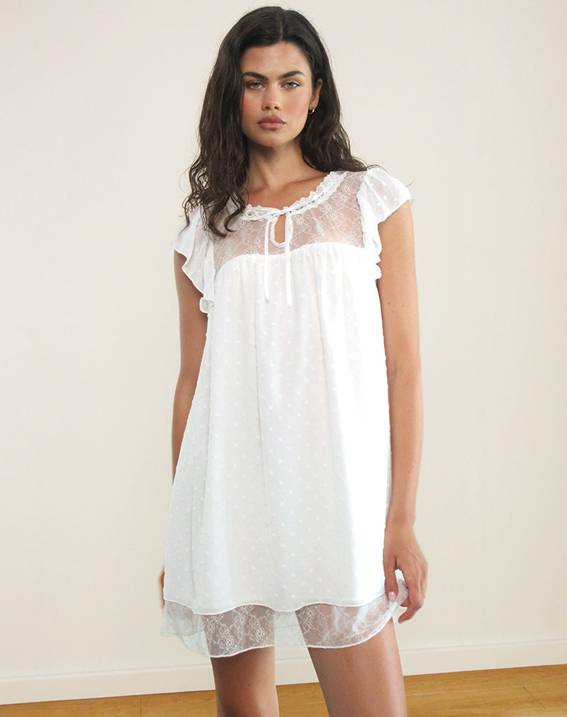 Yagis Smock Mini Dress in Dobby Chiffon White Lace-Nico Sky
