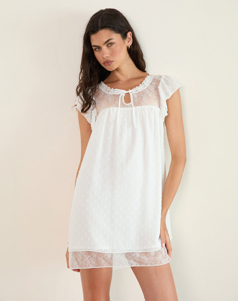 Yagis Smock Mini Dress in Dobby Chiffon White Lace-Nico Sky