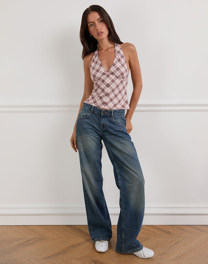 Yakti Halter Top in Pink Check-Nico Sky