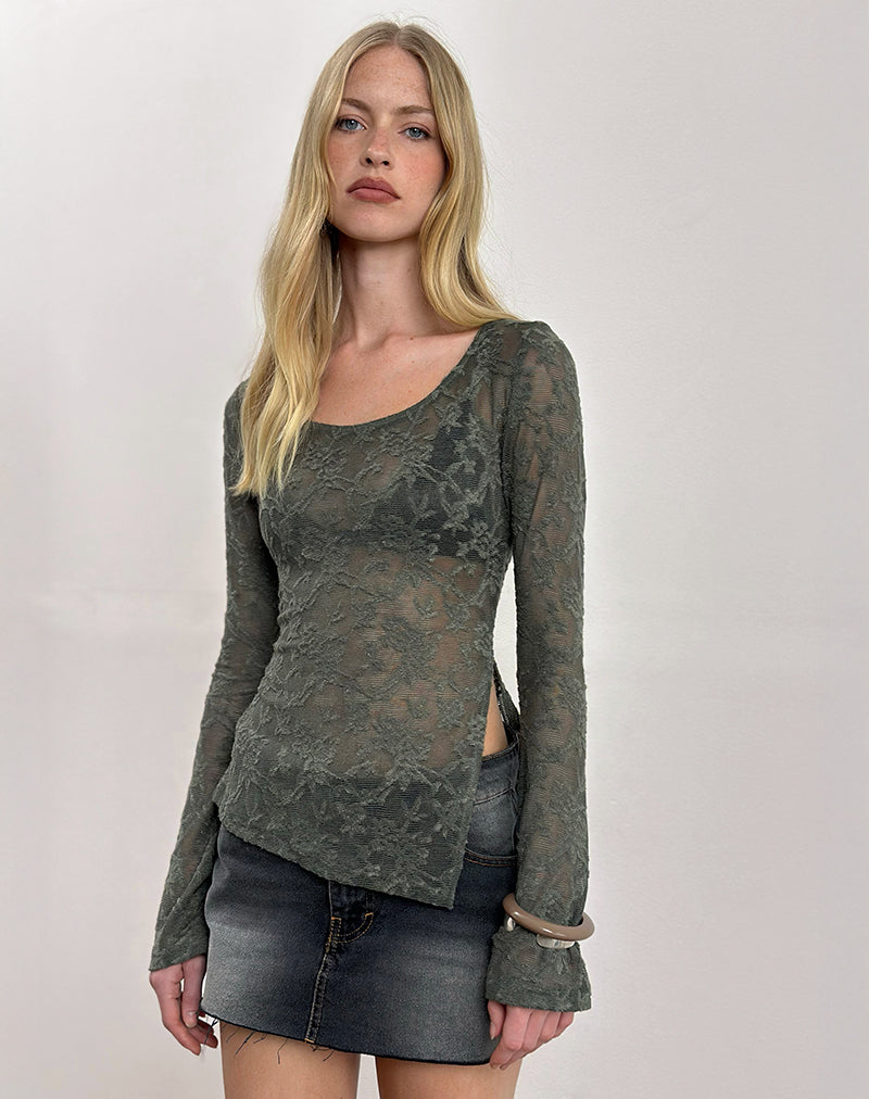 Yamari Top in Jacquard Knit Green-Nico Sky