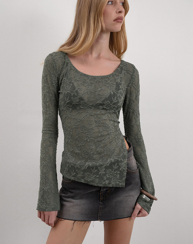 Yamari Top in Jacquard Knit Green-Nico Sky
