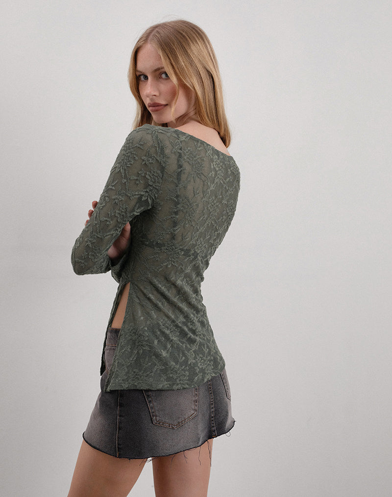 Yamari Top in Jacquard Knit Green-Nico Sky