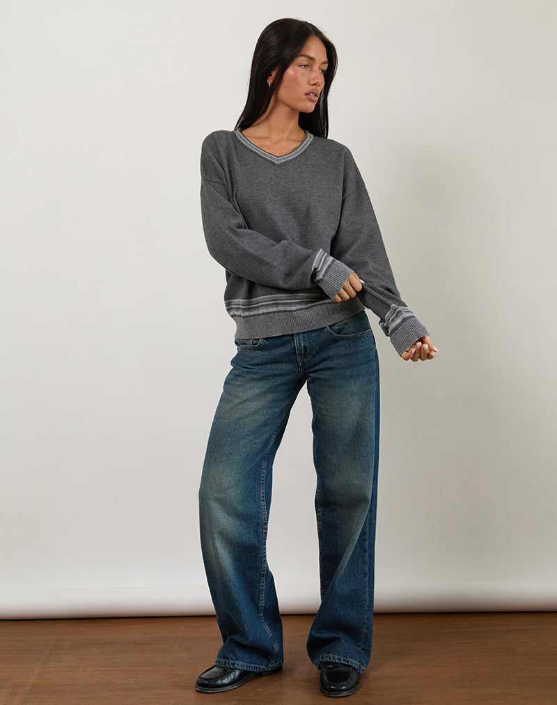 Yarnia Slouchy V Neck Jumper in Charcoal-Nico Sky