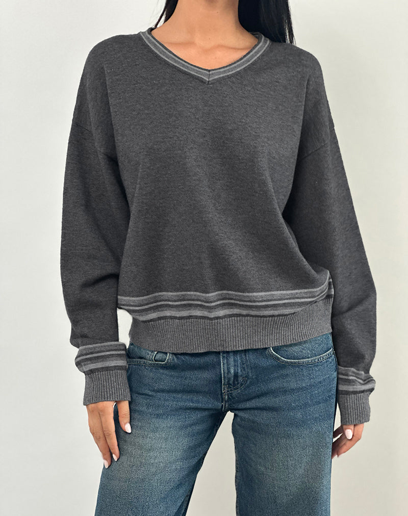 Yarnia Slouchy V Neck Jumper in Charcoal-Nico Sky
