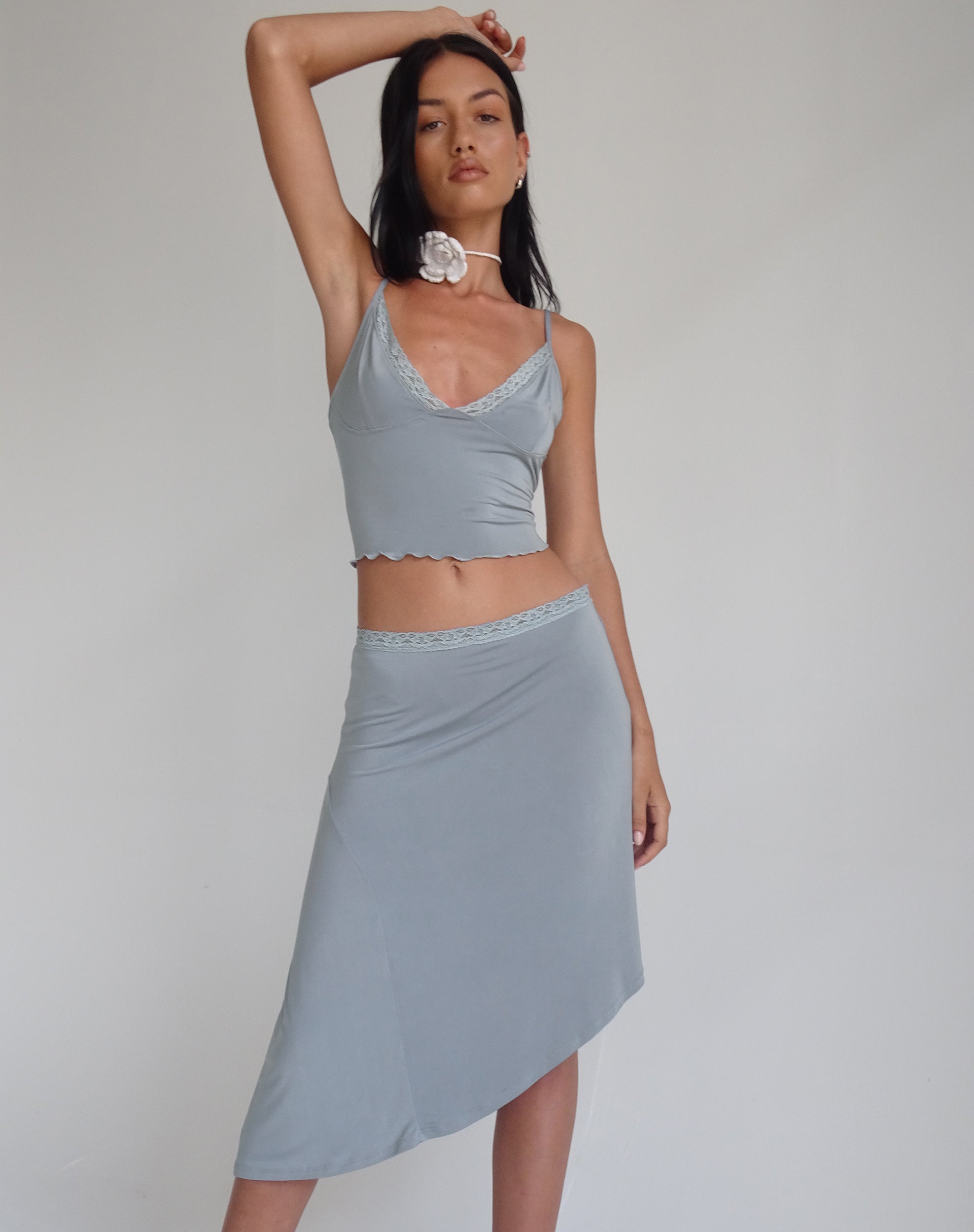 Drew Asymmetric Midi Skirt in Slinky Grey-Nico Sky