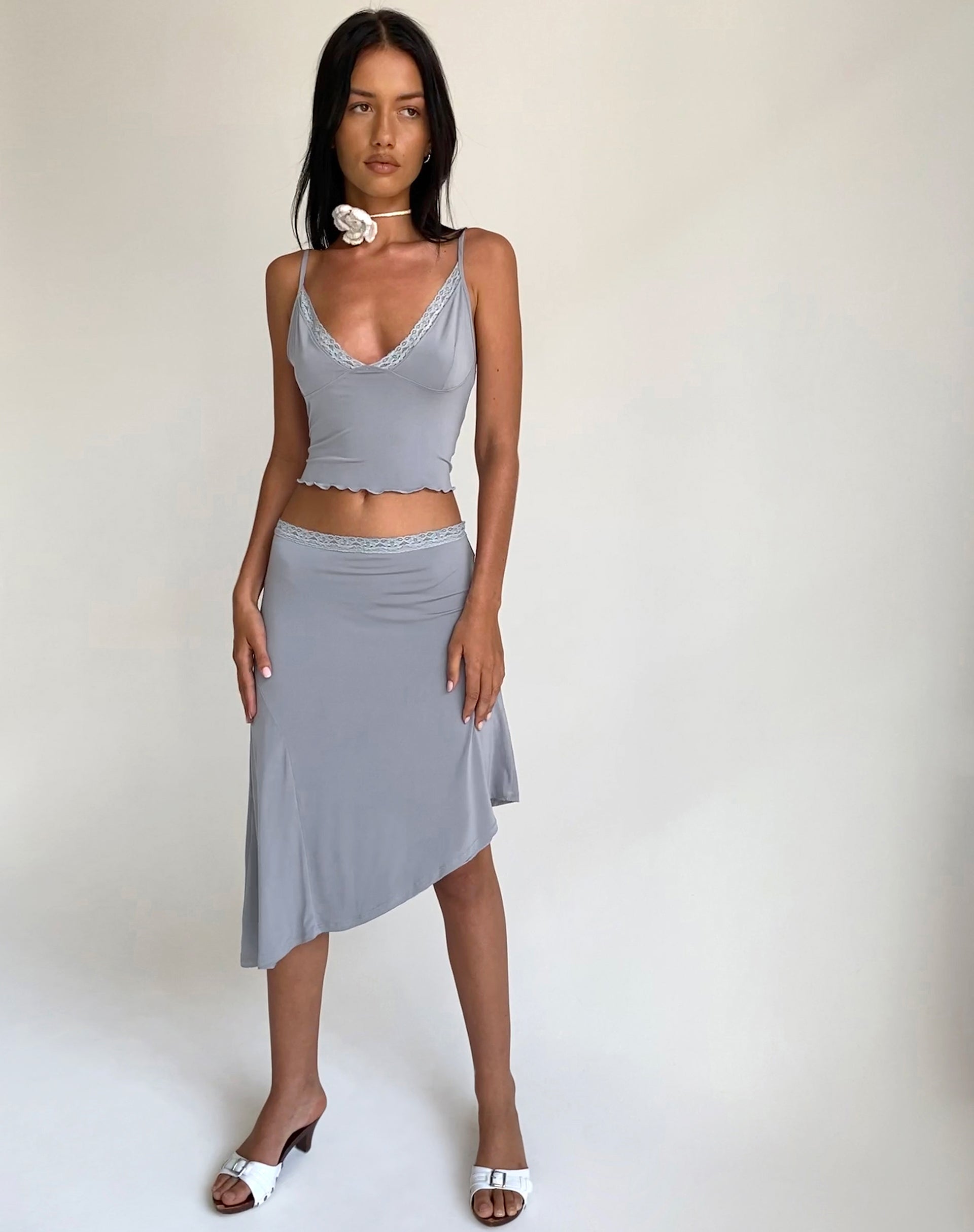 Drew Asymmetric Midi Skirt in Slinky Grey-Nico Sky