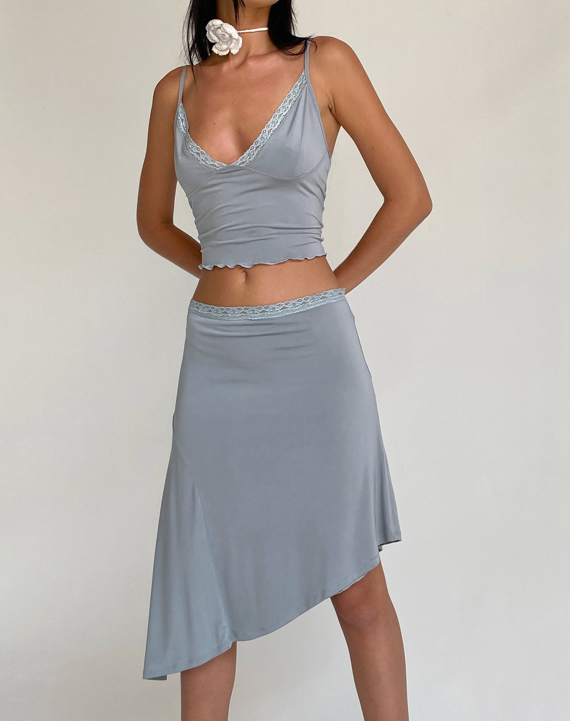 Drew Asymmetric Midi Skirt in Slinky Grey-Nico Sky