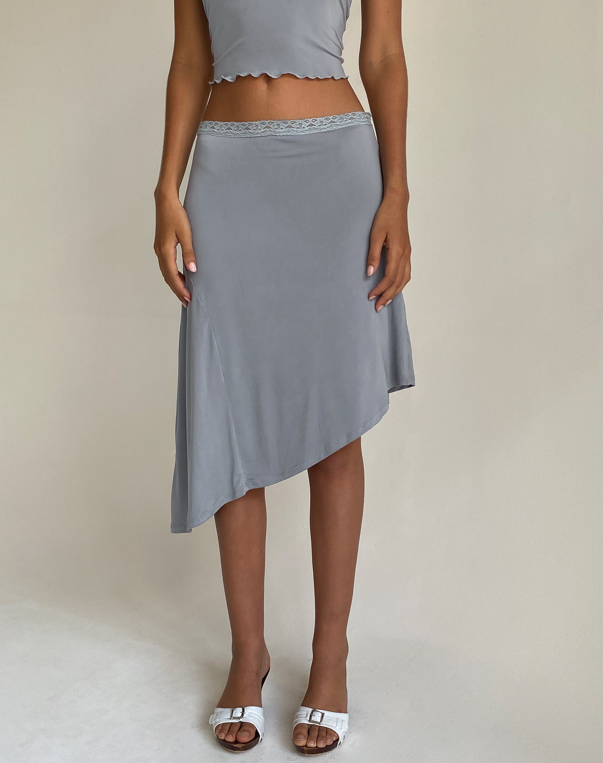 Drew Asymmetric Midi Skirt in Slinky Grey-Nico Sky