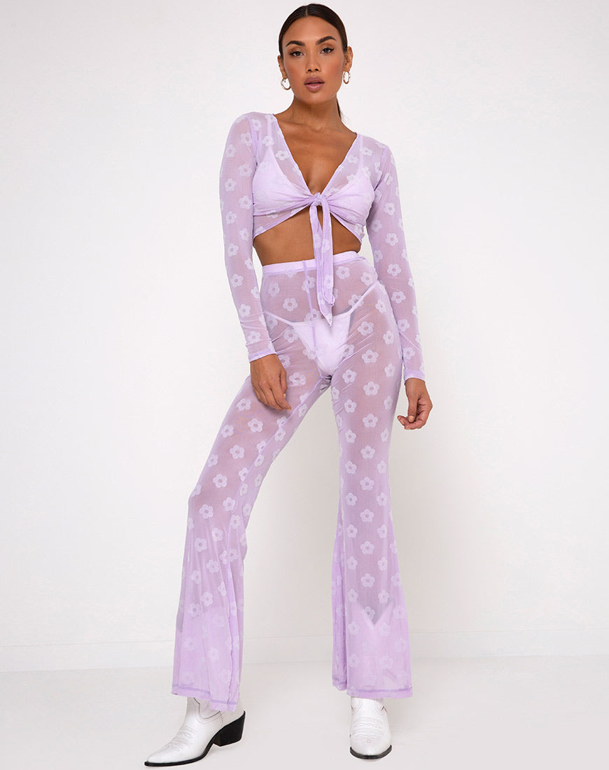 Herlom Flare Trouser in Lilac Mesh Daisy White Flock-Nico Sky