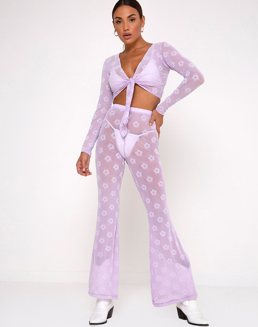 Herlom Flare Trouser in Lilac Mesh Daisy White Flock-Nico Sky