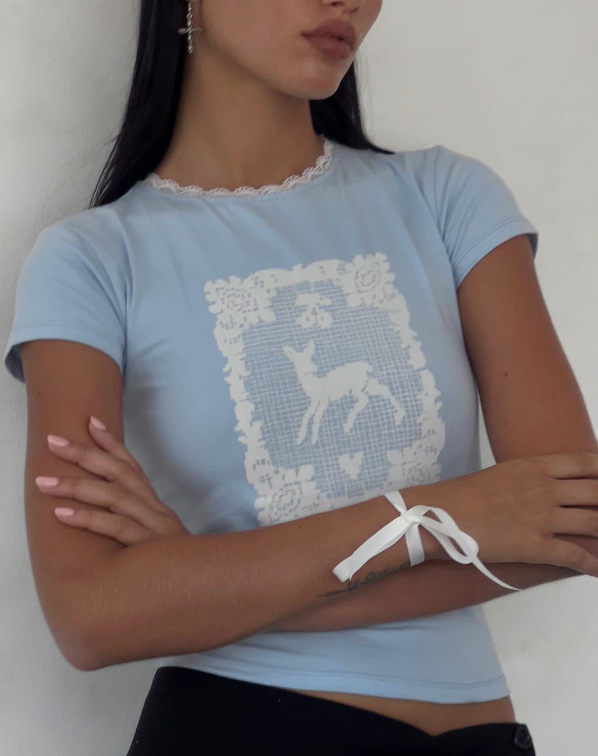 Zagy Short Sleeve Tee in Powder Blue with Deer Motif-Nico Sky