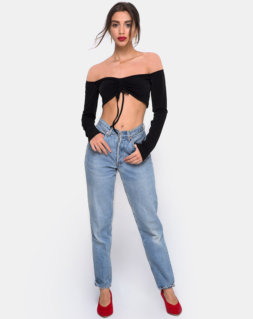 Zalea Off The Shoulder Crop in Black-Nico Sky