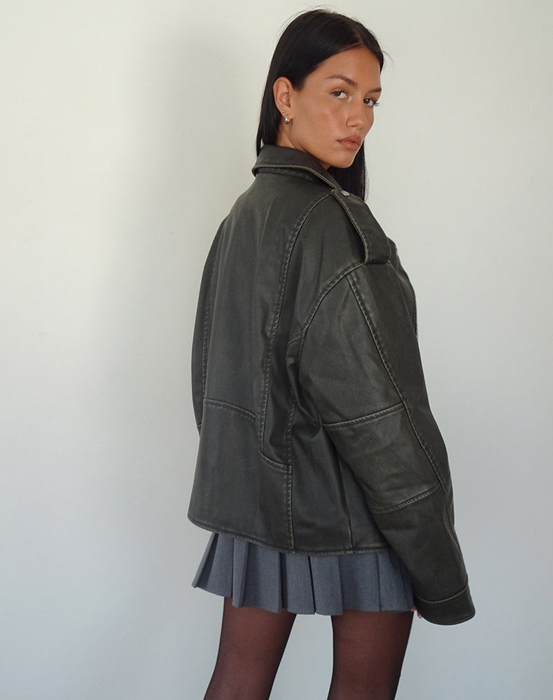 Zebbie Distressed Biker Jacket in Olive-Nico Sky