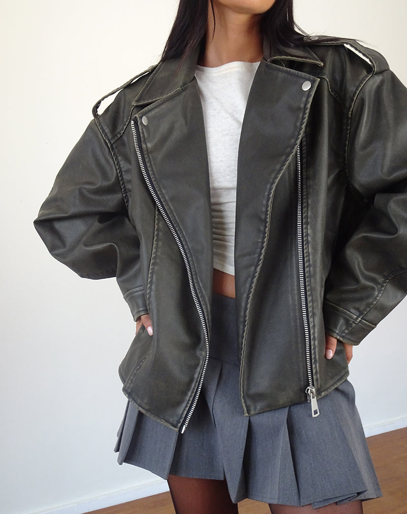 Zebbie Distressed Biker Jacket in Olive-Nico Sky