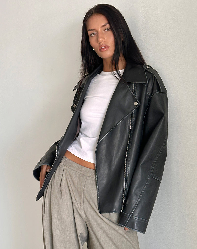 Zebbie Distressed PU Biker Jacket in Black-Nico Sky