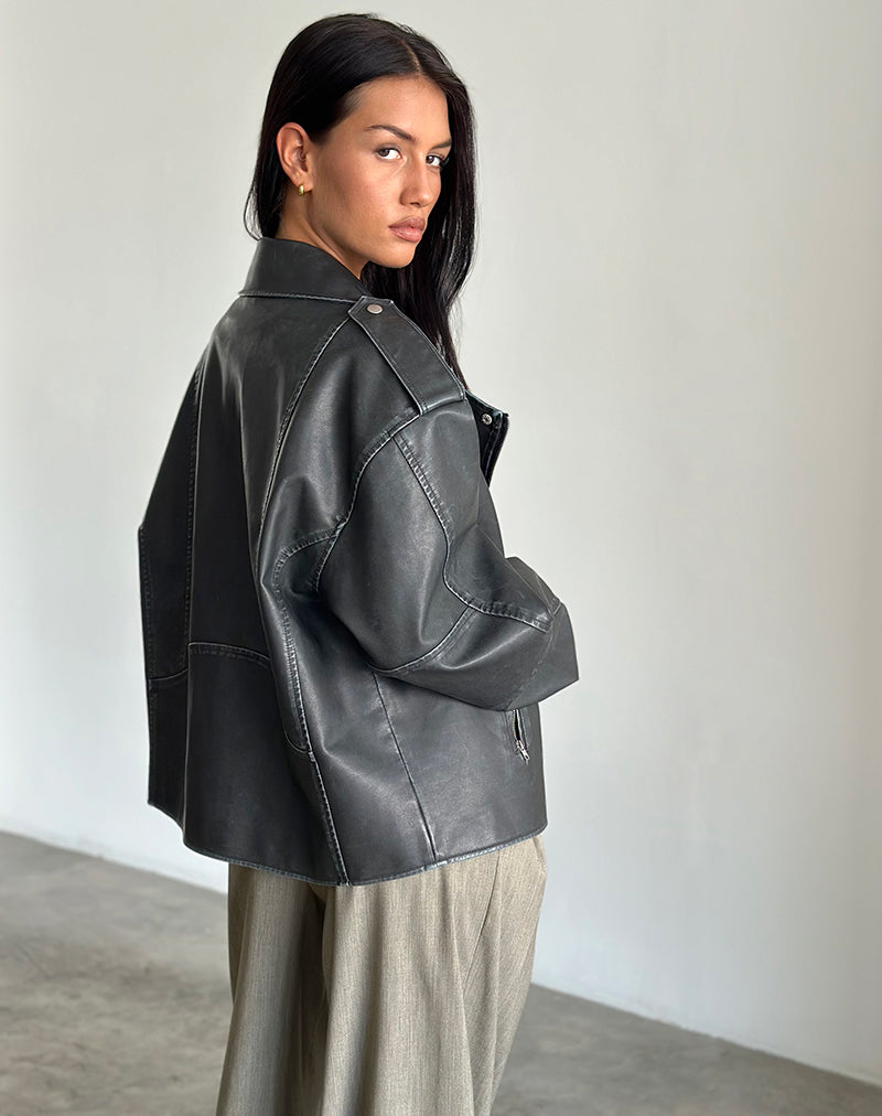 Zebbie Distressed PU Biker Jacket in Black-Nico Sky