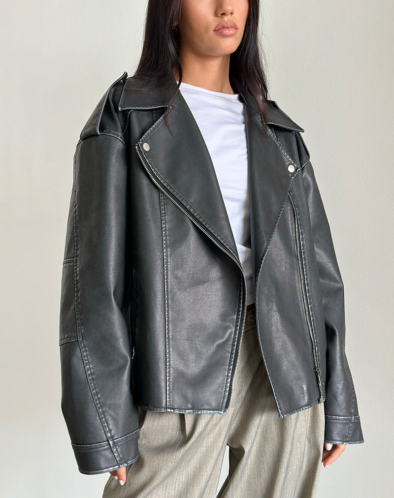 Zebbie Distressed PU Biker Jacket in Black-Nico Sky