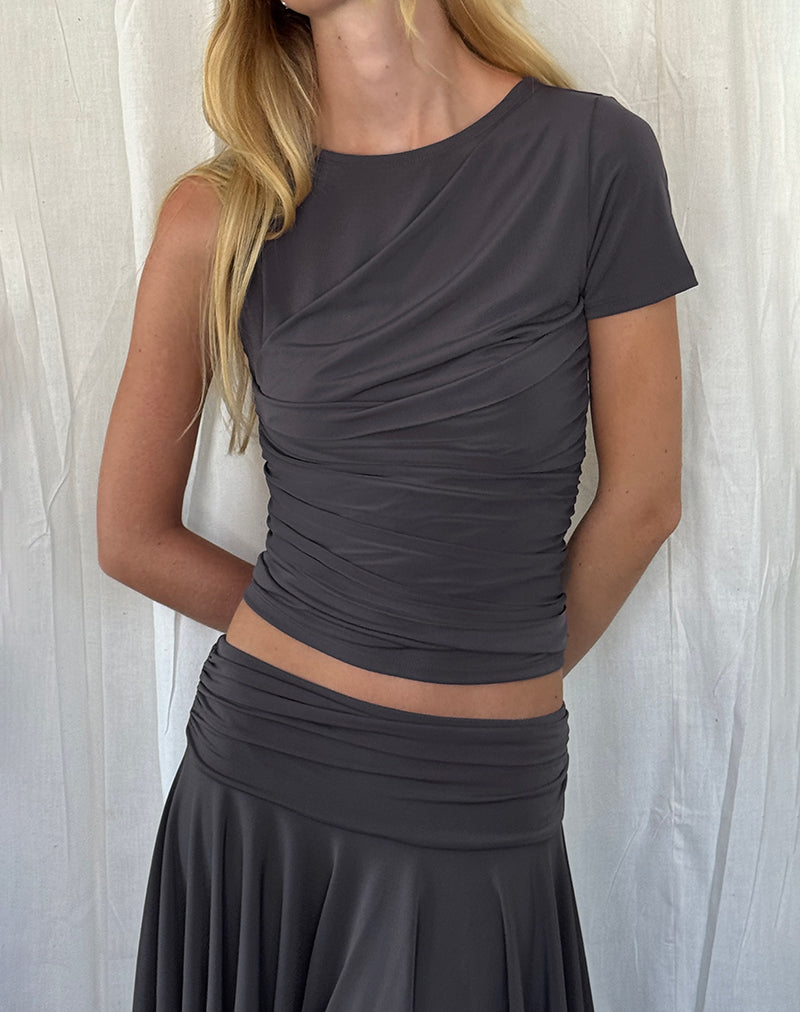 Zera Asymmetric Ruched Top in Grey-Nico Sky